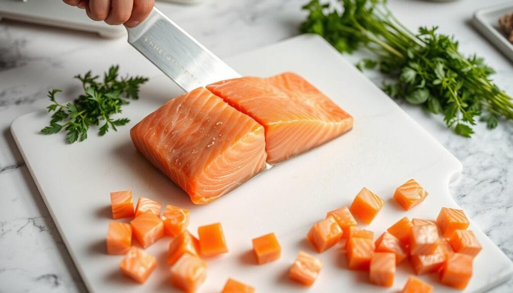 Cutting salmon cubes