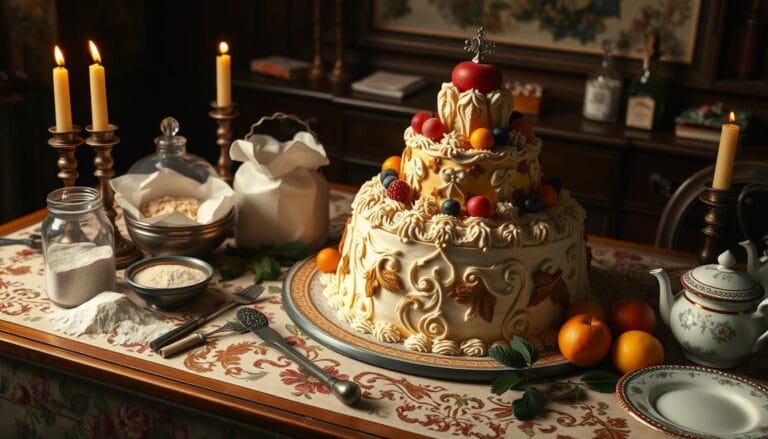 18th Century Queen's Cake recipe served on a delicate plate with a dusting of powdered sugar and garnished with edible flowers.