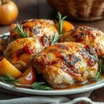 Golden-brown baked chicken thighs with caramelized apple wedges, garnished with fresh thyme, served in a rustic baking dish.