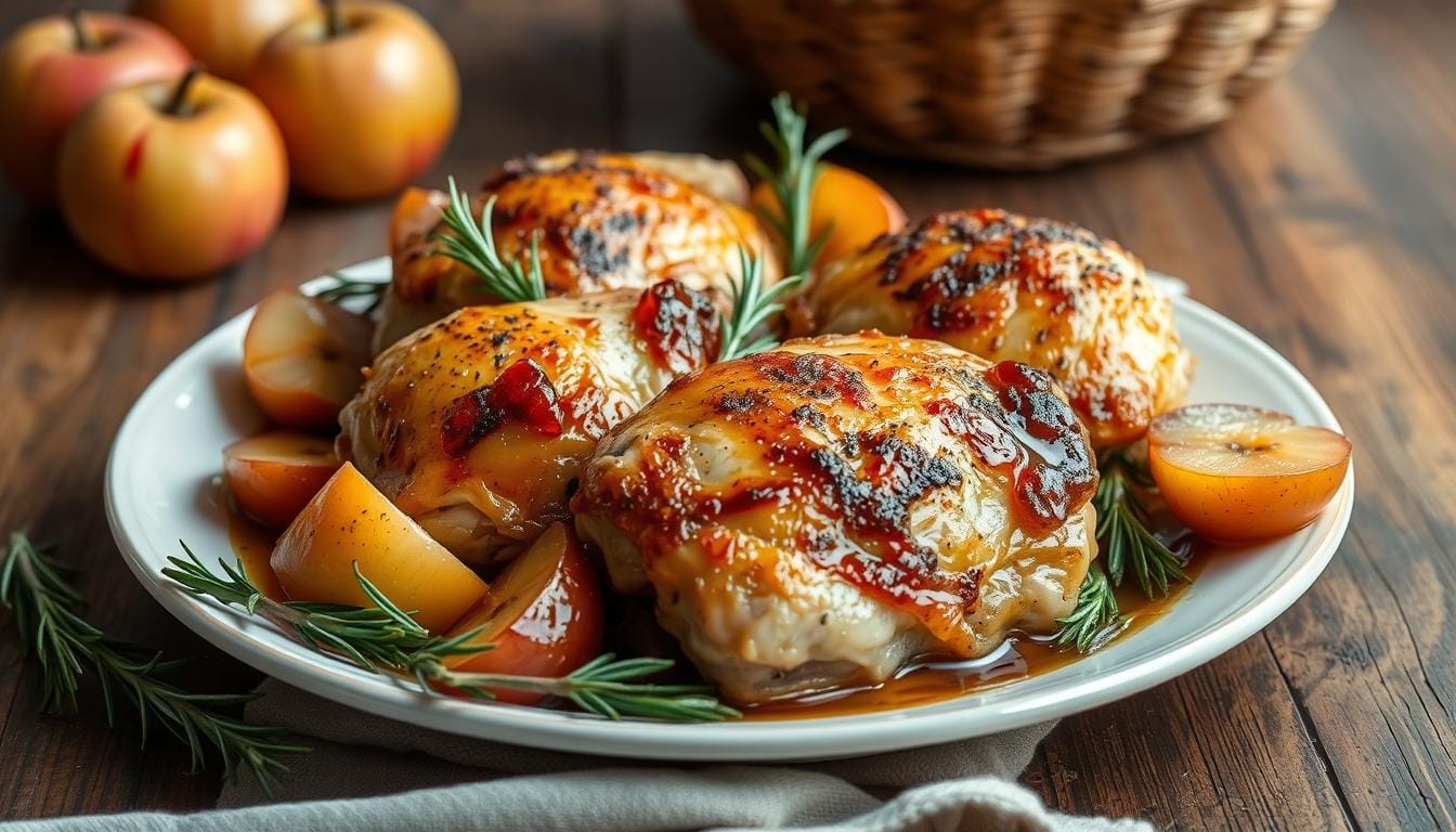 Golden-brown baked chicken thighs with caramelized apple wedges, garnished with fresh thyme, served in a rustic baking dish.