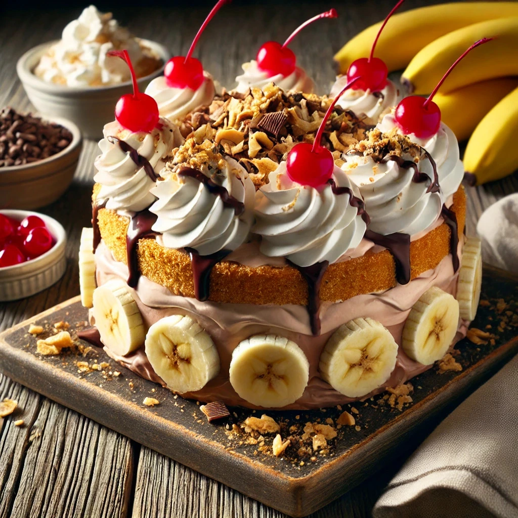 Delicious banana split cake with layers of graham cracker crust, creamy filling, sliced bananas, whipped cream, chocolate syrup, nuts, and cherries.