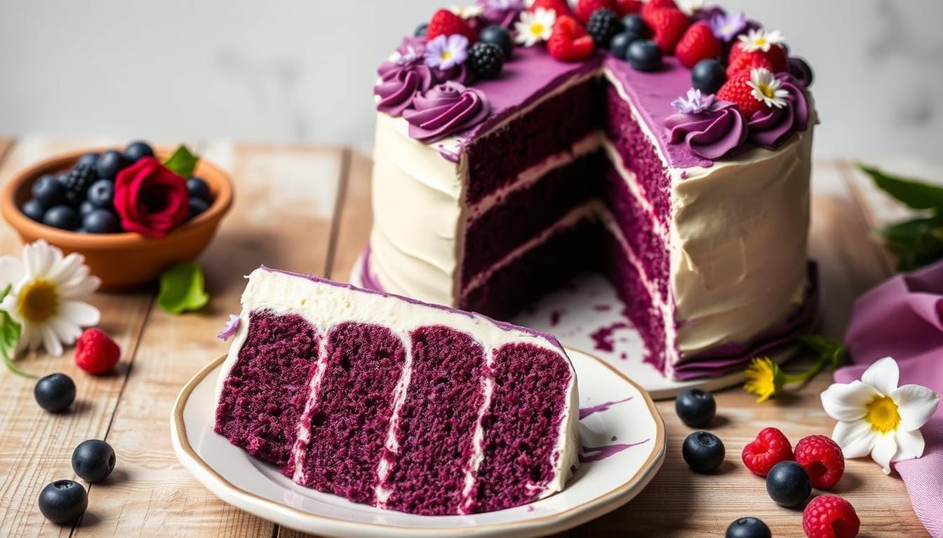 Purple velvet cake topped with cream cheese frosting and garnished with edible flowers on a white plate.