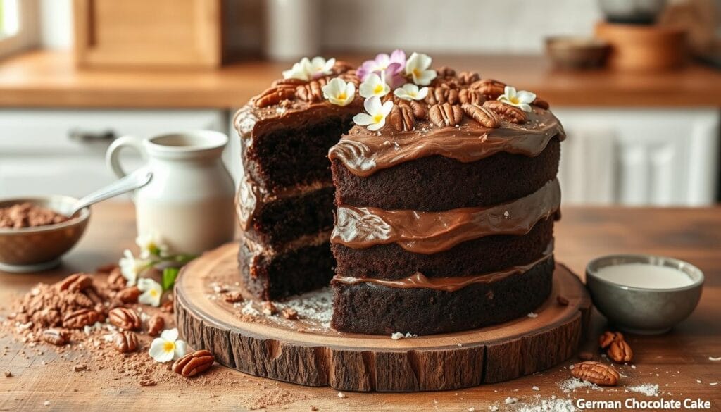 Close-up of a slice of Baker's German Chocolate Cake recipe showing moist chocolate layers and creamy coconut-pecan frosting.