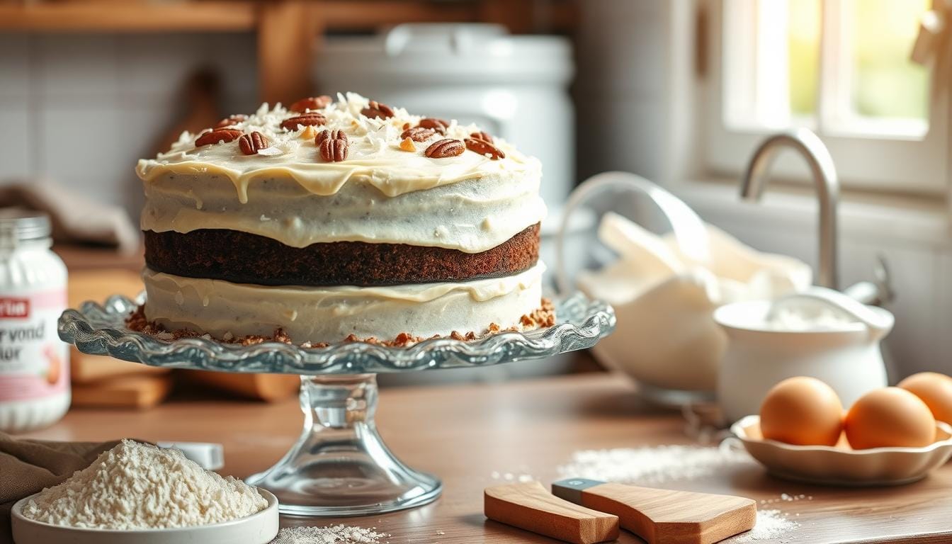 Baker's German Chocolate Cake recipe with layers of moist chocolate, rich coconut-pecan frosting, and decorative chocolate shavings on top.