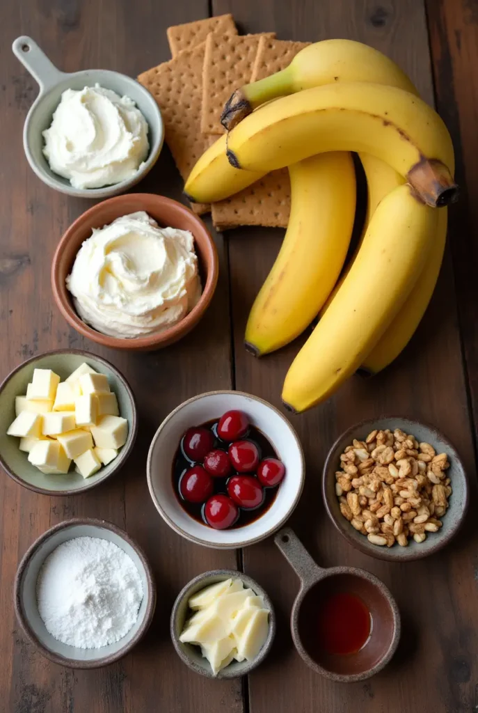 Decadent banana split cake with layers of graham cracker crust, creamy filling, sliced bananas, whipped cream, chocolate drizzle, nuts, and a cherry.