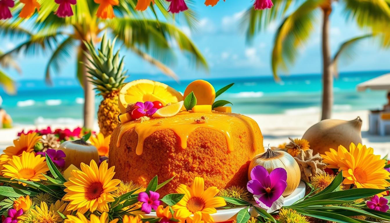 Golden Caribbean rum cake topped with dried fruits on a wooden table