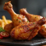 Golden crispy chicken breast cooking on a Blackstone griddle with grilled vegetables.