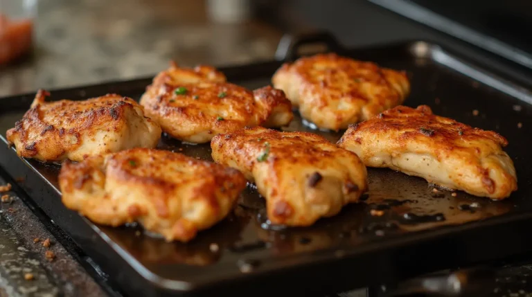 Juicy chicken breasts sizzling on a hot griddle with golden sear marks, garnished with fresh herbs and lemon slices.