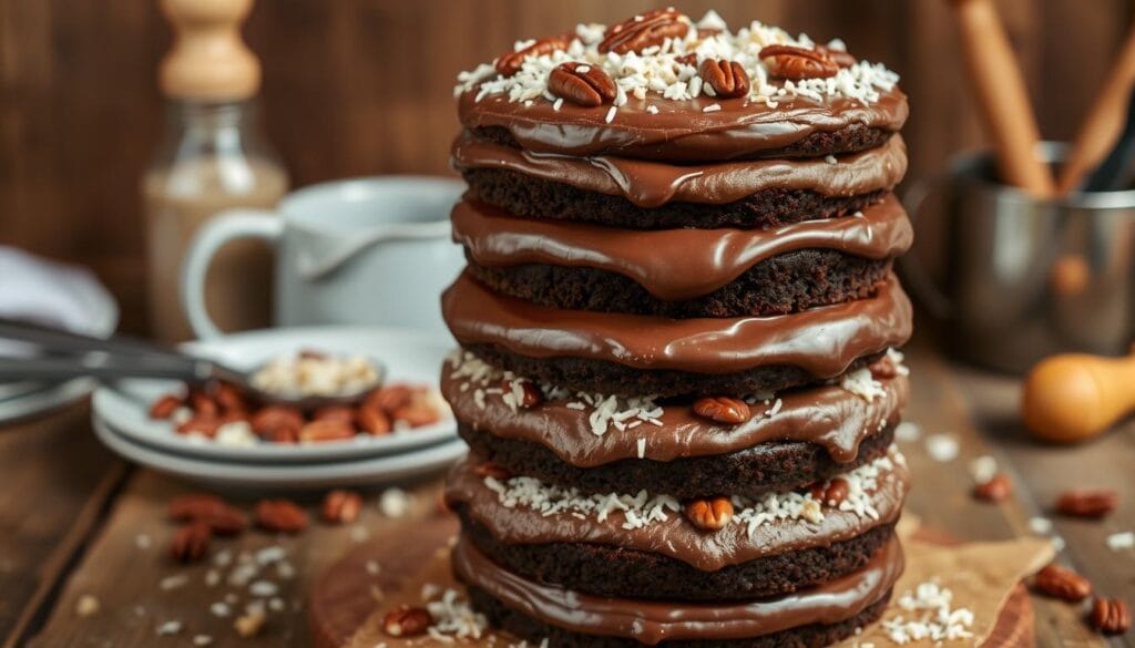 Homemade Baker's German Chocolate Cake recipe with rich chocolate layers and coconut-pecan frosting.