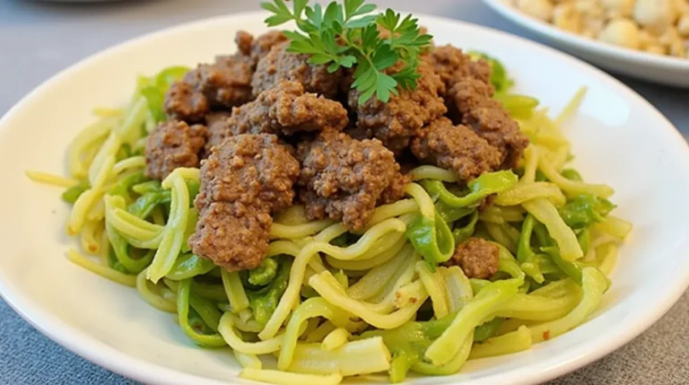 A hearty skillet of ground beef and cabbage cooked with vibrant seasonings, garnished with fresh parsley