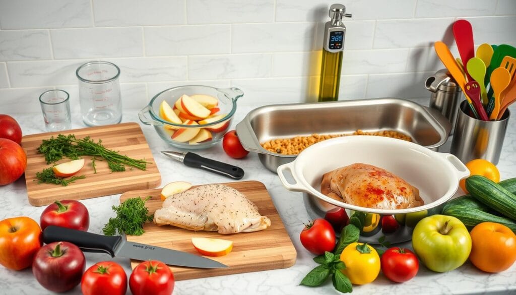 Fresh ingredients for Baked Chicken and Apples: bone-in chicken thighs, sliced apples, olive oil, garlic, thyme, smoked paprika, cinnamon, salt, and pepper arranged on a rustic wooden table