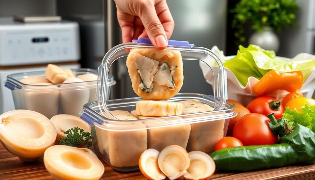 Korean fish cakes with scallops stored in an airtight container