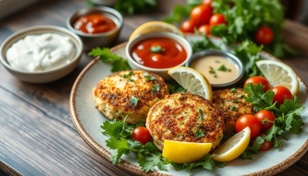 Delicious lake trout fish cakes garnished with fresh herbs, served with lemon wedges and a creamy dipping sauce.