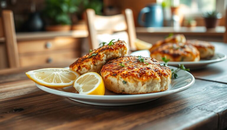 Golden-brown lake trout fish cakes served with lemon wedges and a side of tartar sauce.