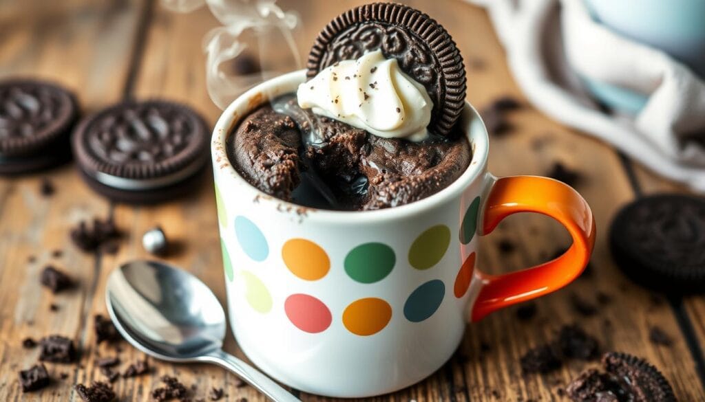 A warm, fluffy Oreo mug cake recipe in a white mug, topped with crushed Oreos and drizzled with chocolate sauce.