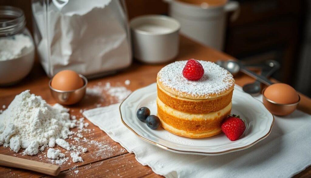 Mini vanilla sponge cake recipe for one served in a ramekin with a golden top.