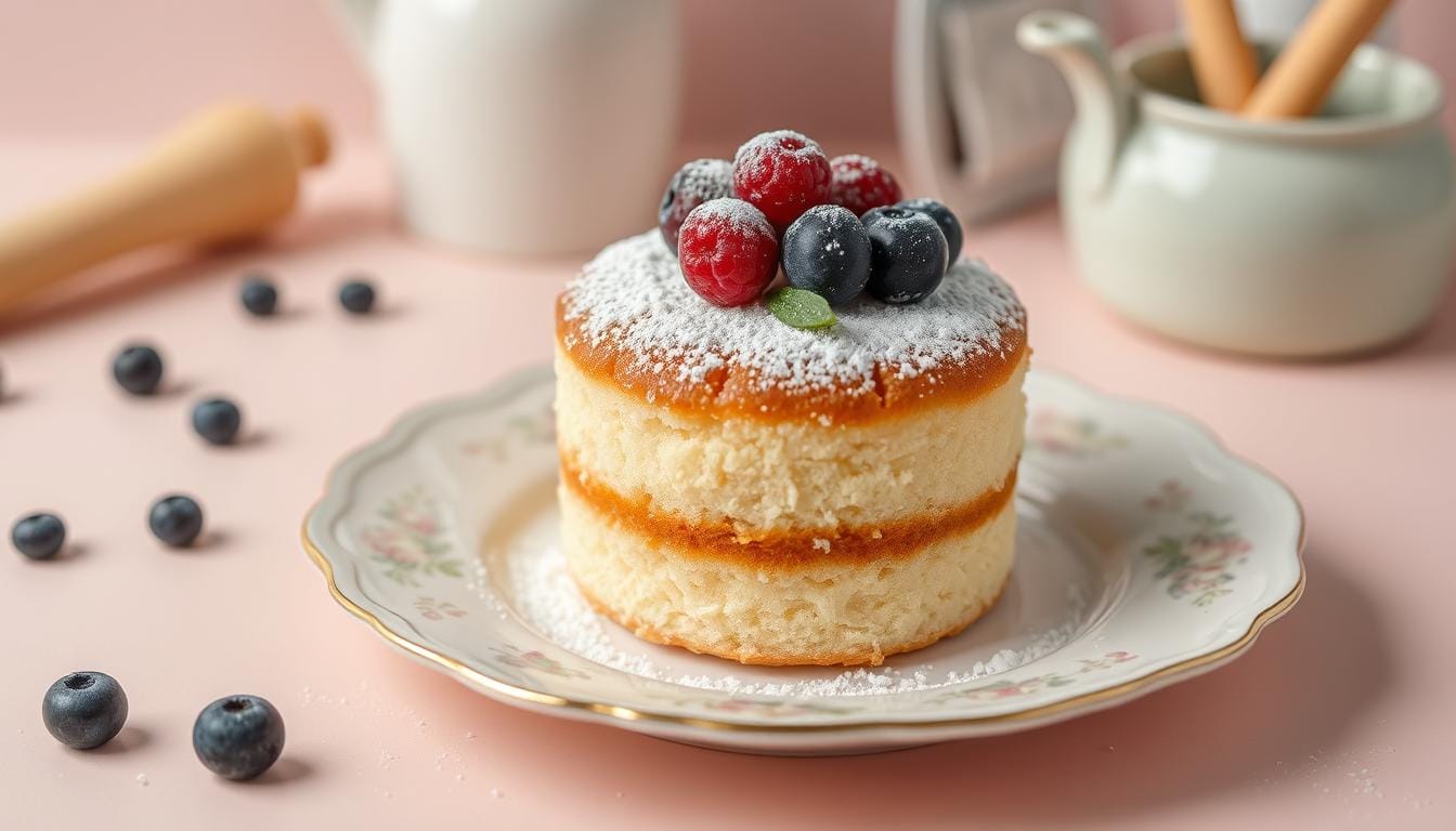 Mini vanilla sponge cake recipe for one served with whipped cream and berries.