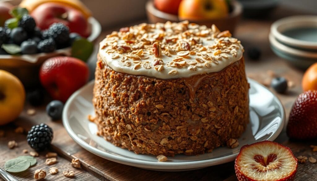 A freshly baked oatmeal cake with a golden crust, topped with nuts and caramel, served on a rustic wooden table.