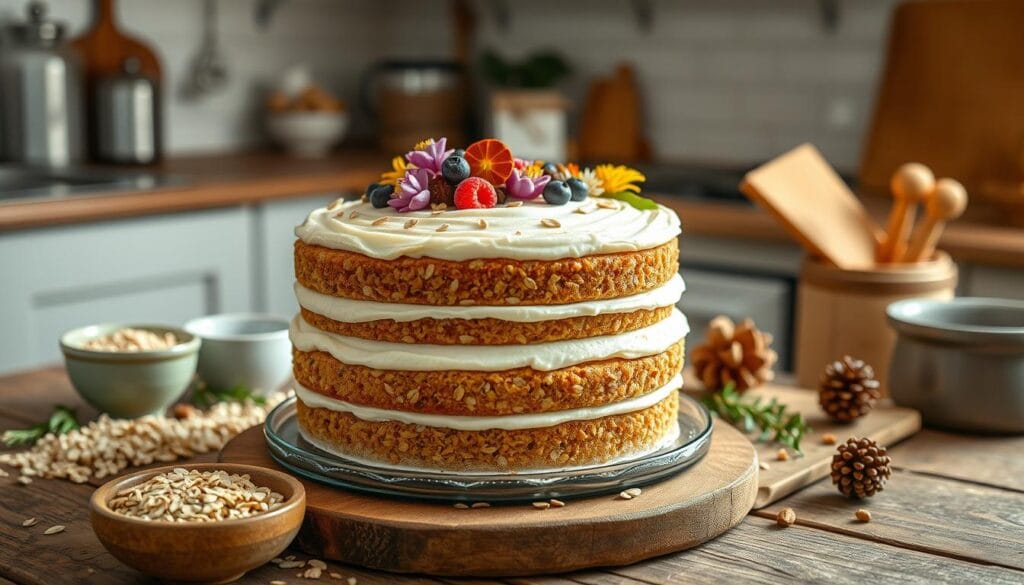 A moist oatmeal cake with a golden-brown top, garnished with nuts and drizzled with caramel, served on a white plate.