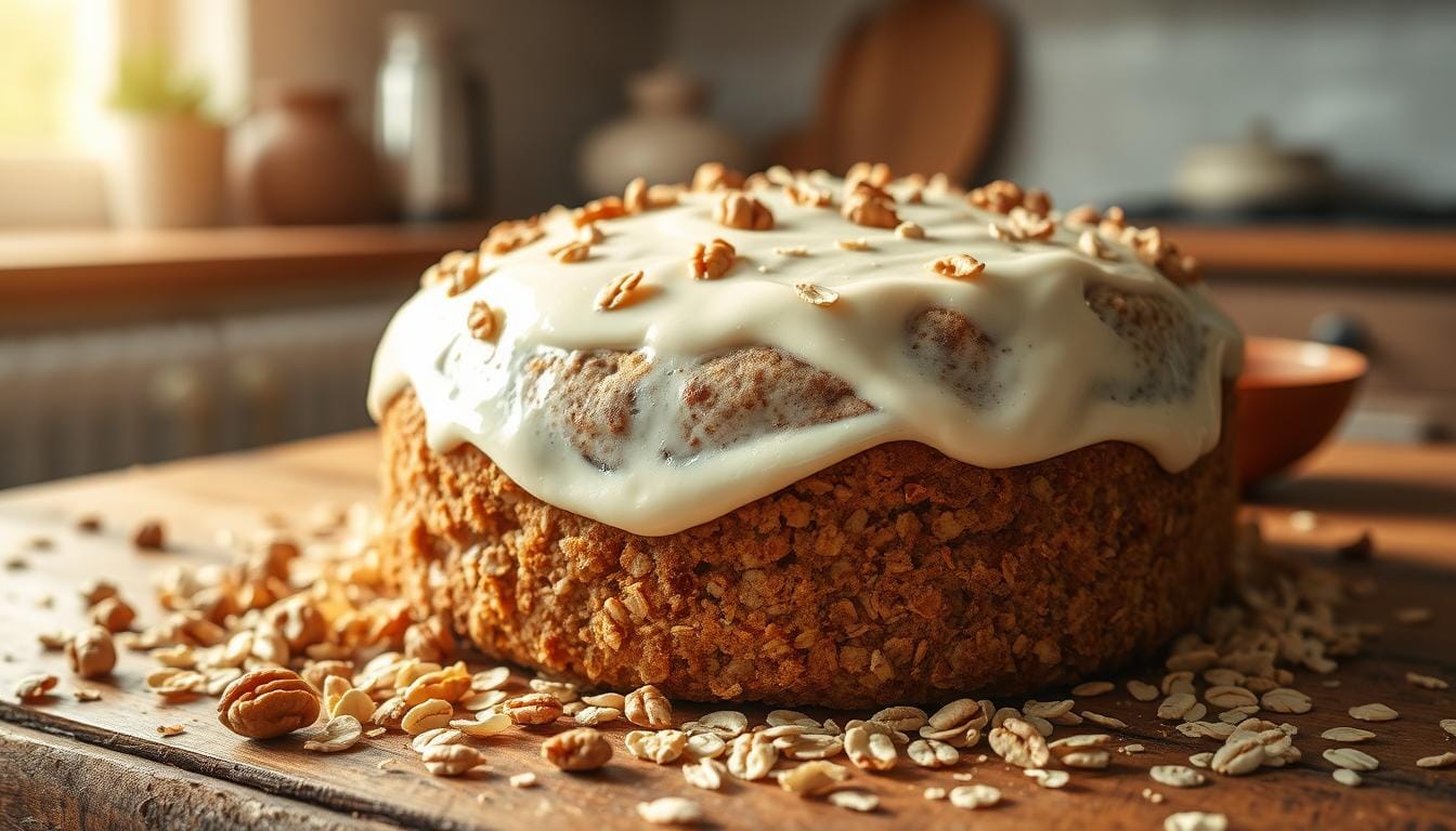 Homemade oatmeal cake with a golden-brown crust, topped with nuts and a drizzle of caramel, served on a rustic wooden plate.