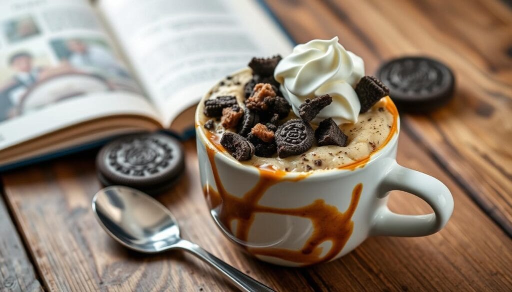 A decadent Oreo mug cake recipe in a white mug, topped with crushed Oreos and a dollop of whipped cream.