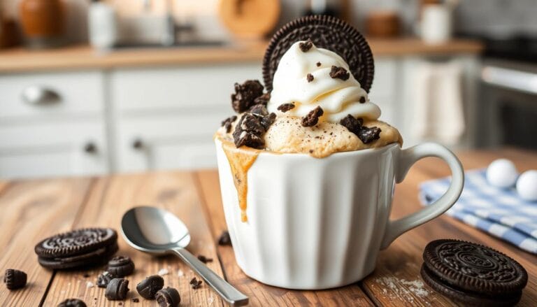 A rich and gooey Oreo mug cake recipe topped with crushed Oreos and whipped cream, served in a white mug.