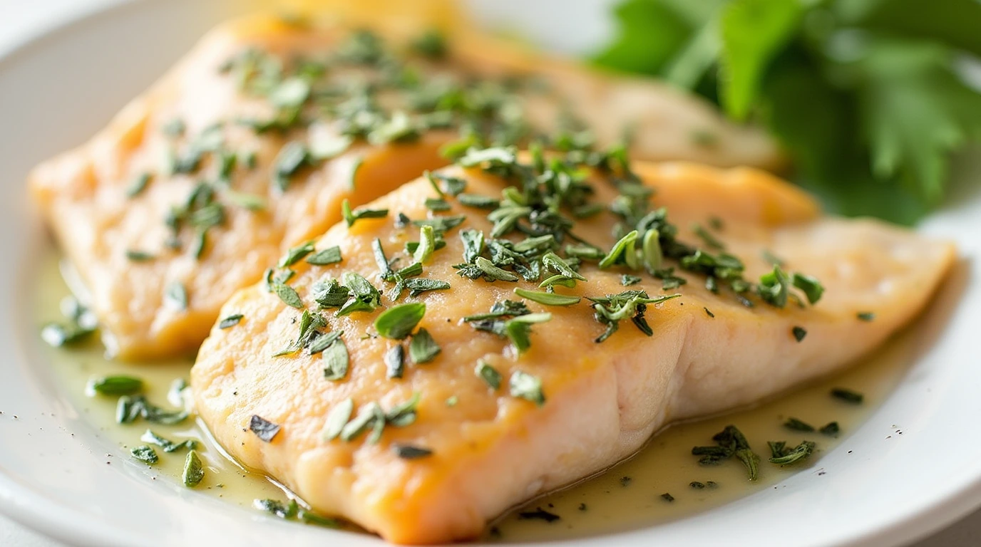 Rosemary thyme compound butter melting over grilled fish fillets with fresh herbs on the side.