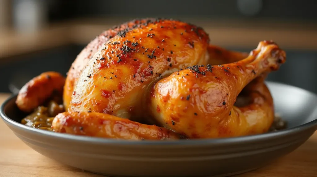 Rotisserie chicken dinner served with roasted vegetables, mashed potatoes, and a fresh salad on a cozy dining table