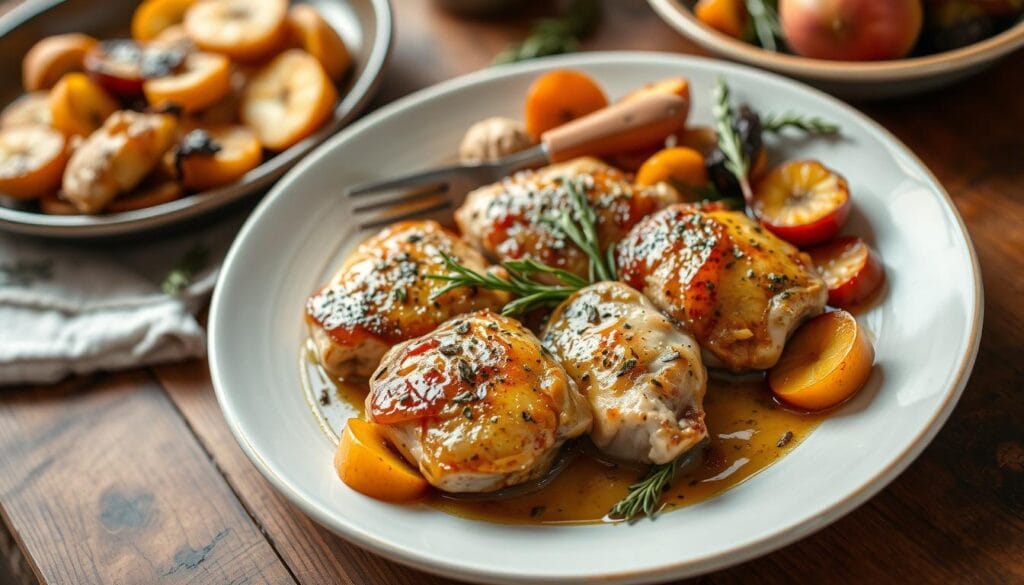 Step-by-step process of making Baked Chicken and Apples: seasoning chicken thighs, arranging apple slices in a baking dish, and placing chicken on top before baking.