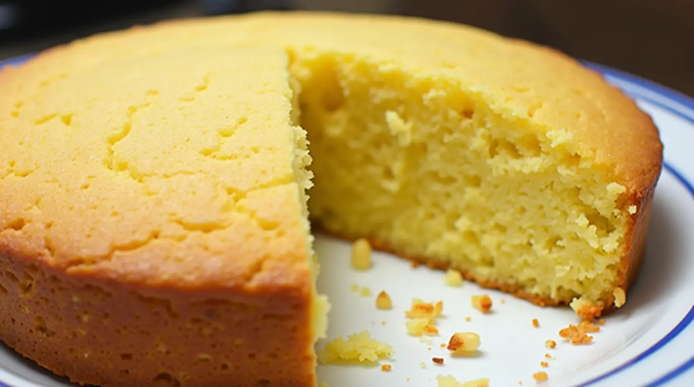 Freshly baked Southern cornbread recipe slice with a golden crust and fluffy interior, served on a rustic wooden plate