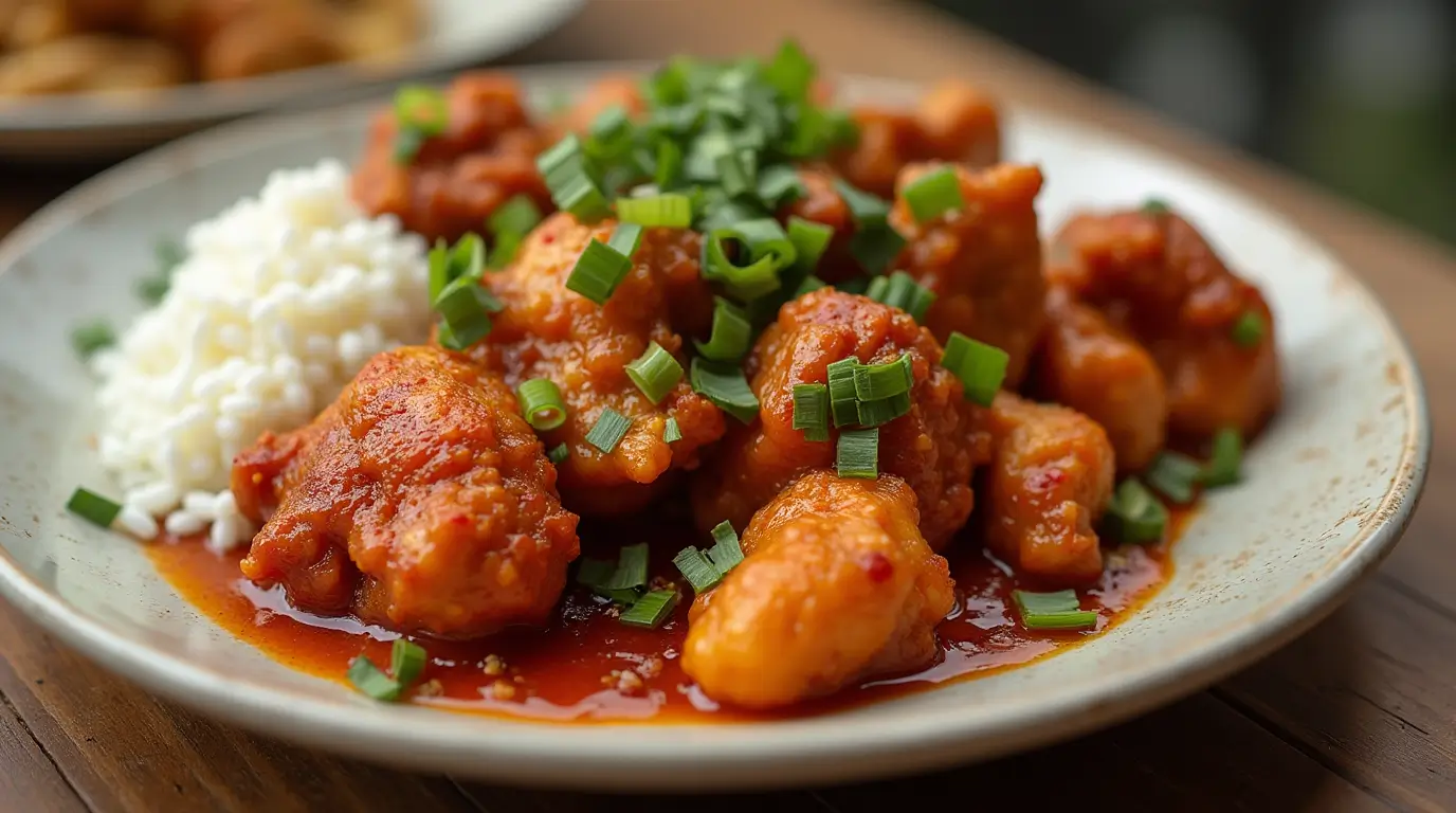 A plate of golden-brown baked chicken drizzled with a rich, creamy peanut butter sauce, garnished with chopped peanuts and fresh cilantro, served with a side of jasmine rice and steamed green beans.