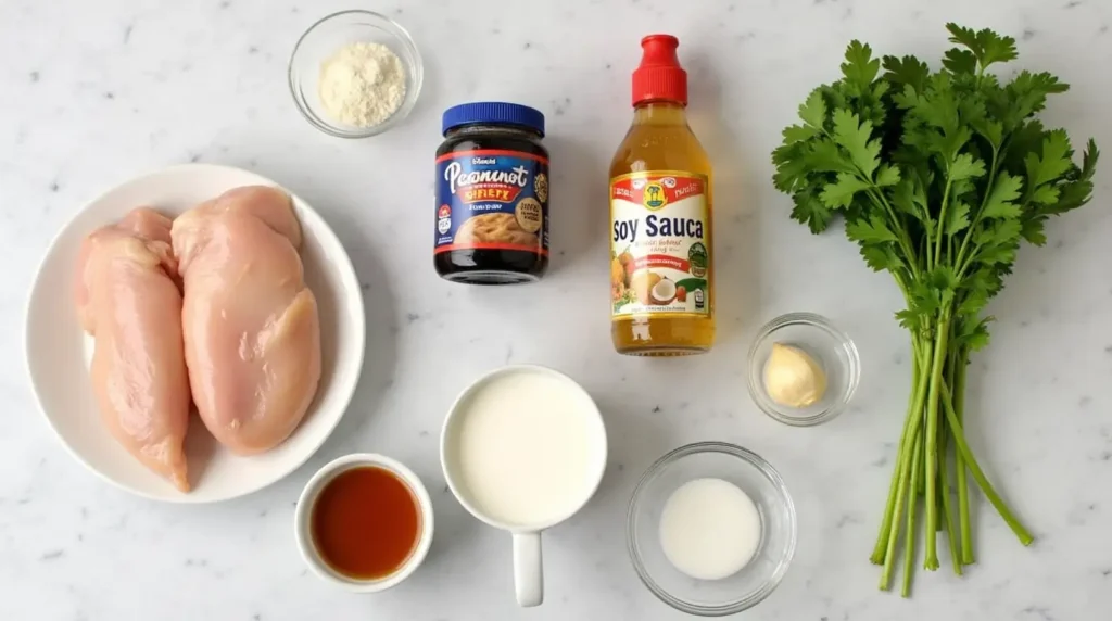 Fresh ingredients for chicken with peanut butter -recipe including chicken breasts, peanut butter, soy sauce, coconut milk, and garlic