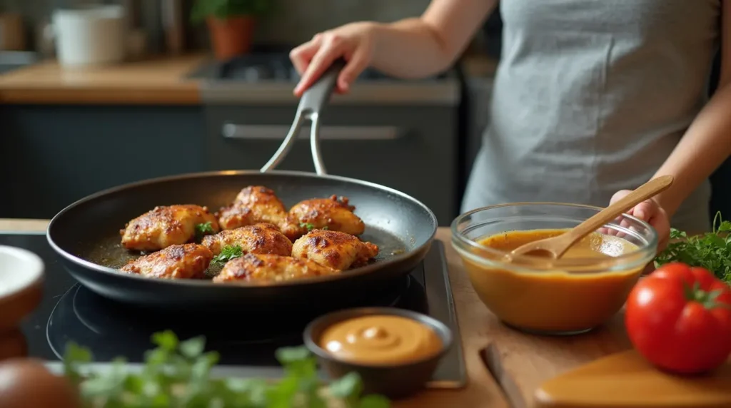 Step-by-step cooking process for chicken with peanut butter recipe, including sautéing chicken and preparing peanut butter sauce.