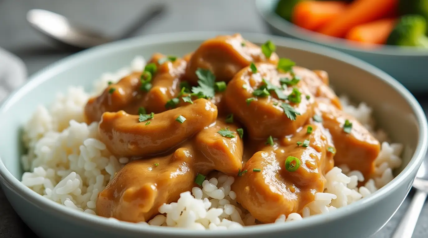 Plate of chicken with peanut butter sauce served with steamed rice and garnished with cilantro and crushed peanuts