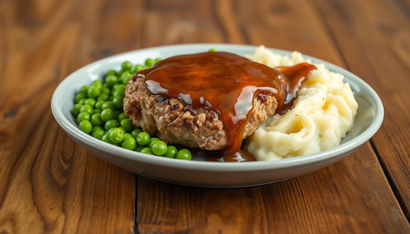 Salisbury steak made with ground chicken smothered in rich brown gravy and served with mashed potatoes and green beans.