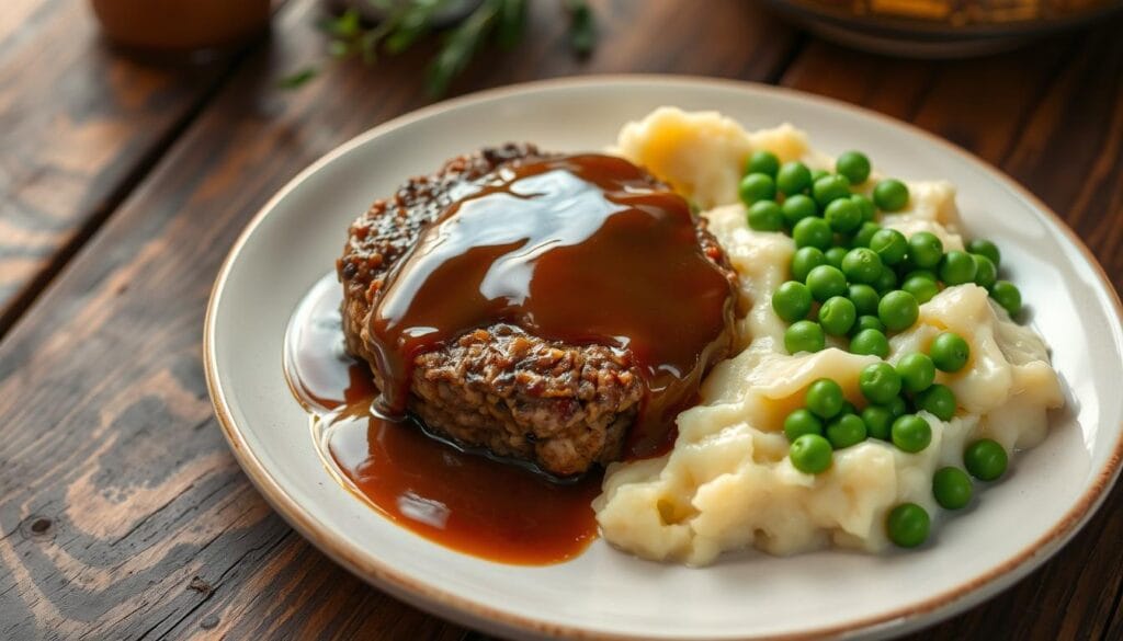 Ground chicken Salisbury steak topped with rich brown gravy, served with mashed potatoes and steamed vegetables on a plate.