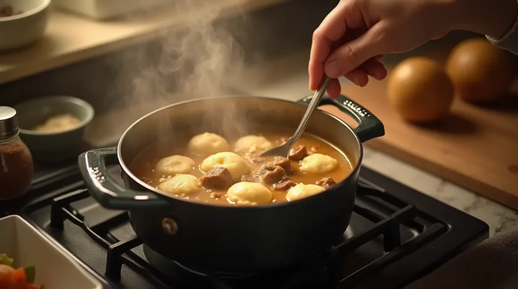 A step-by-step process showing flour dumplings cooking in creamy gravy with chipped beef and potatoes.