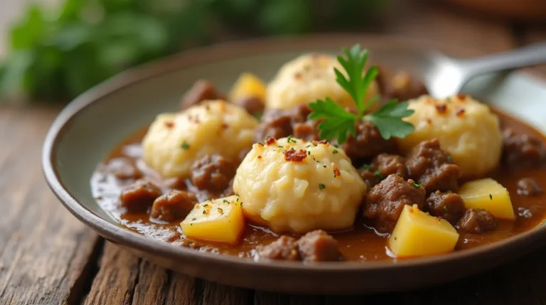 Alt Text: A cozy plate of chipped beef flour dumplings with creamy potatoes and gravy, garnished with fresh herbs.