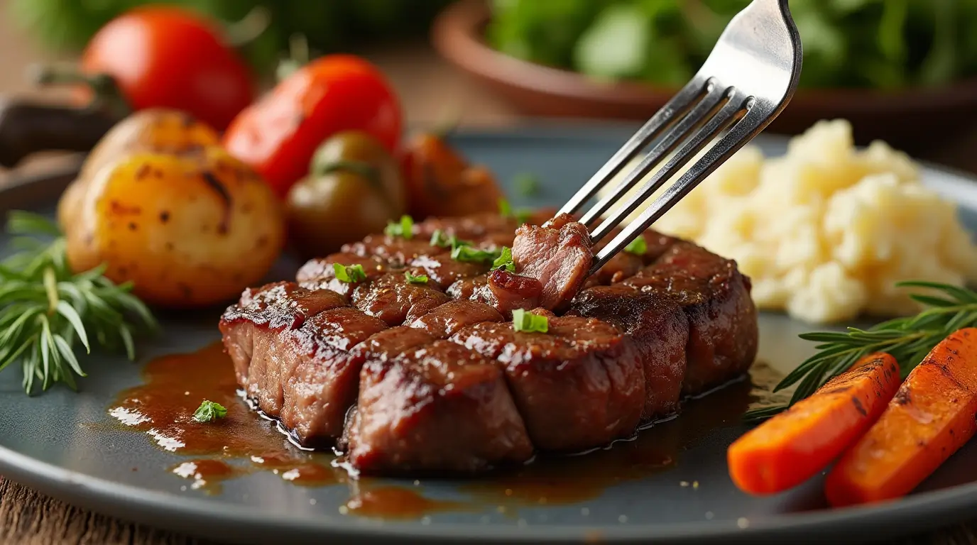 A perfectly cooked deer cube steak with a golden-brown crust, served with mashed potatoes, roasted vegetables, and a fresh salad.