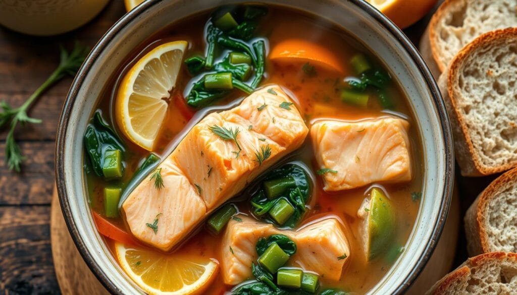 Hearty salmon stew recipe with potatoes, carrots, and fresh herbs