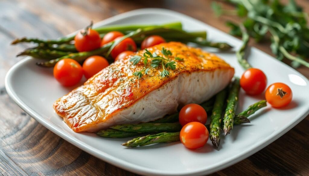 Grilled salmon fillet with steamed vegetables and lemon wedges