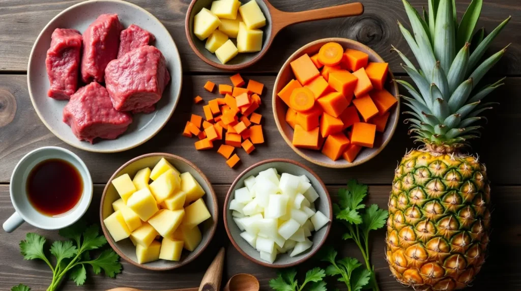 Fresh Ingredients for Hawaiian Beef Stew  Beef,recipe Vegetables, and Pineapple