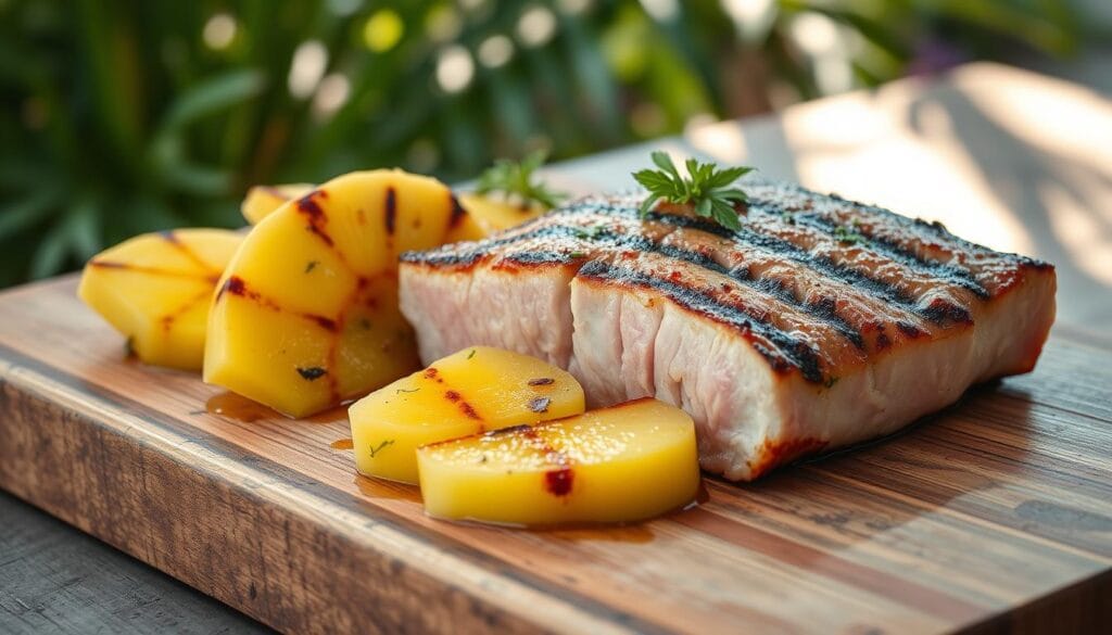 Grilled tuna steaks with caramelized pineapple on a white plate