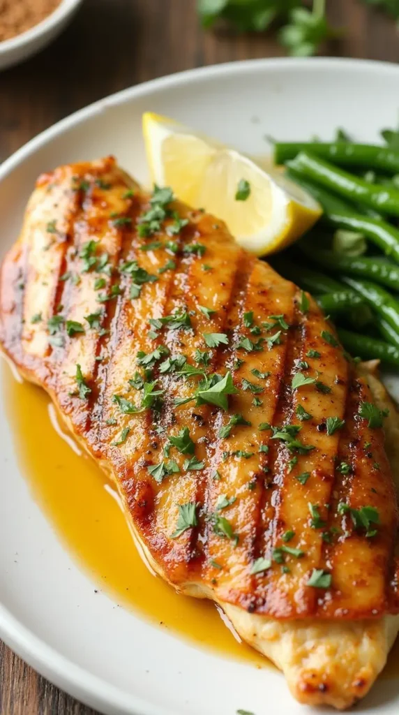 Grilled dorado fish served with fresh herbs, lemon wedges, and a side of vegetables on a rustic wooden table.