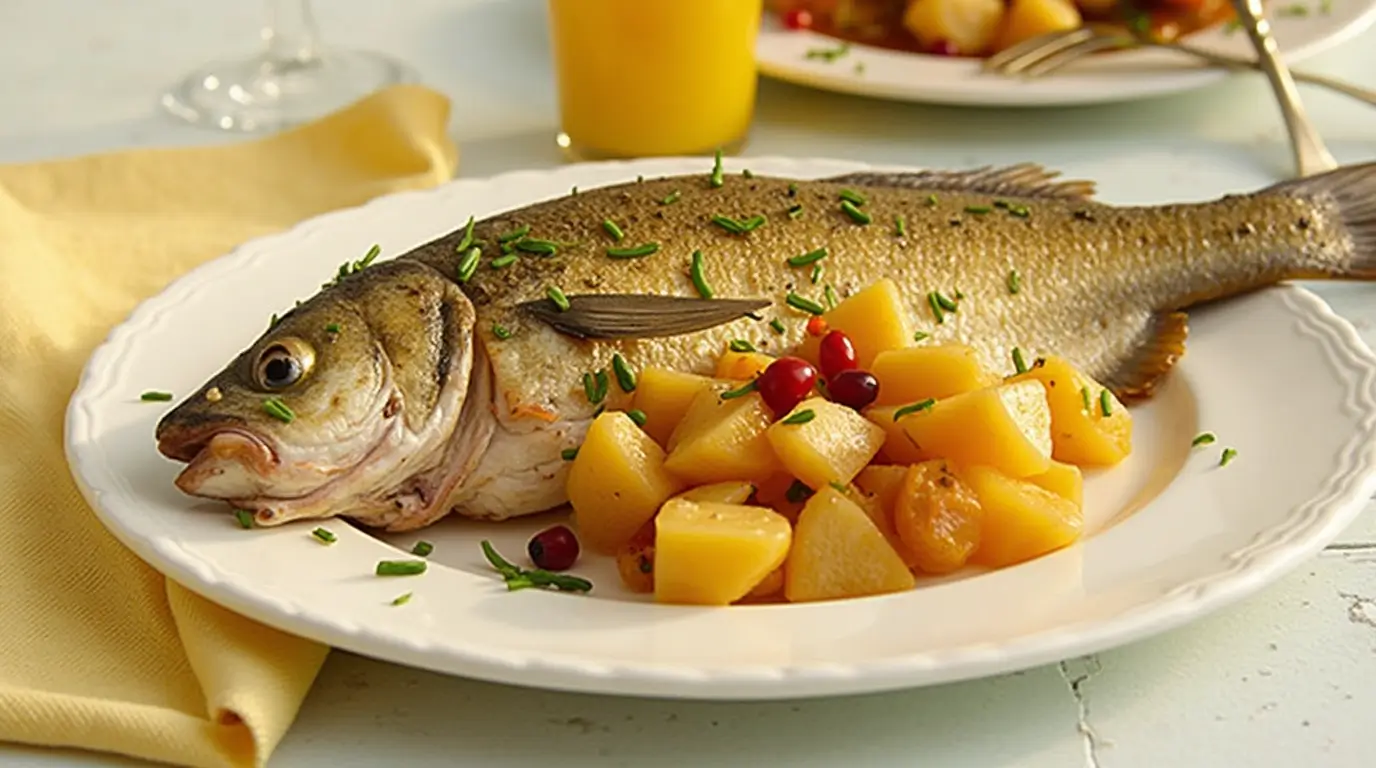 Grilled dorado fish fillets with golden crispy skin, garnished with fresh herbs and lemon slices on a wooden platter.