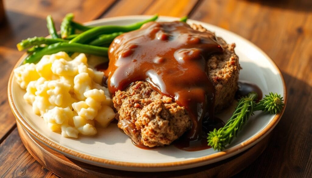  Salisbury steak made with ground chicken, covered in rich brown gravy, and served with mashed potatoes and roasted vegetables.