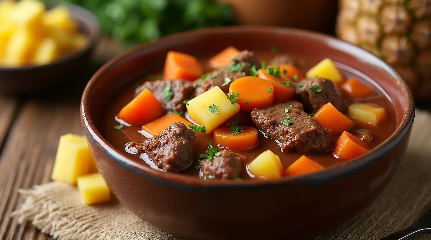 Hawaiian Beef Stew recipe with Tender Meat, Vegetables, and Pineapple