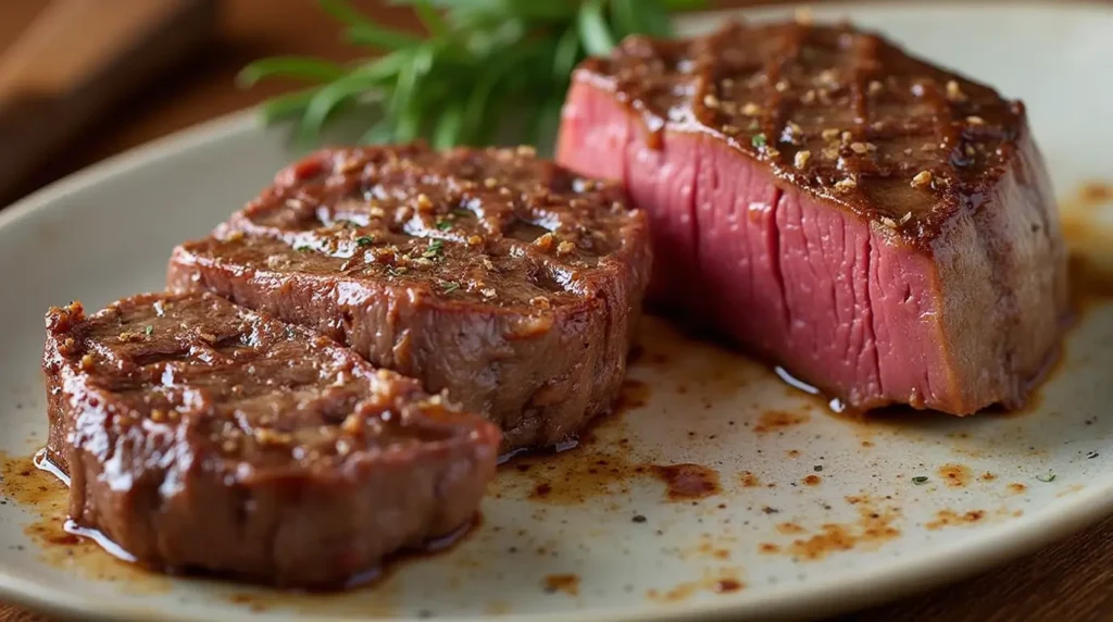  A sizzling deer cube steak in a cast-iron skillet, seared to perfection with a golden-brown crust, garnished with fresh herbs.