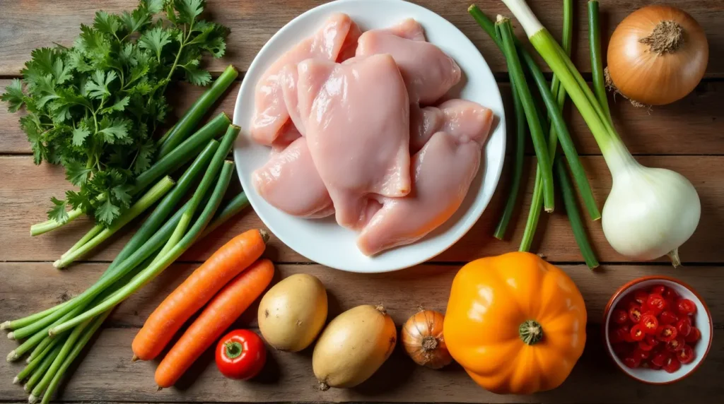 Raw ingredients for Jamaican chicken soup including chicken, carrots, pumpkin, potatoes, Scotch bonnet pepper, thyme, and garlic