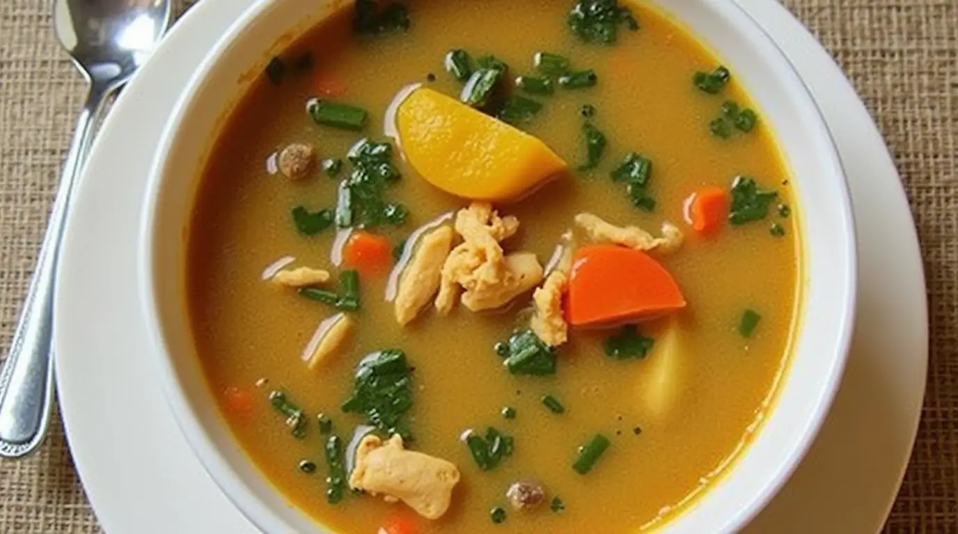 Steaming bowl of Jamaican chicken soup recipe with tender chicken, vegetables, dumplings, and Scotch bonnet pepper on a rustic wooden table.